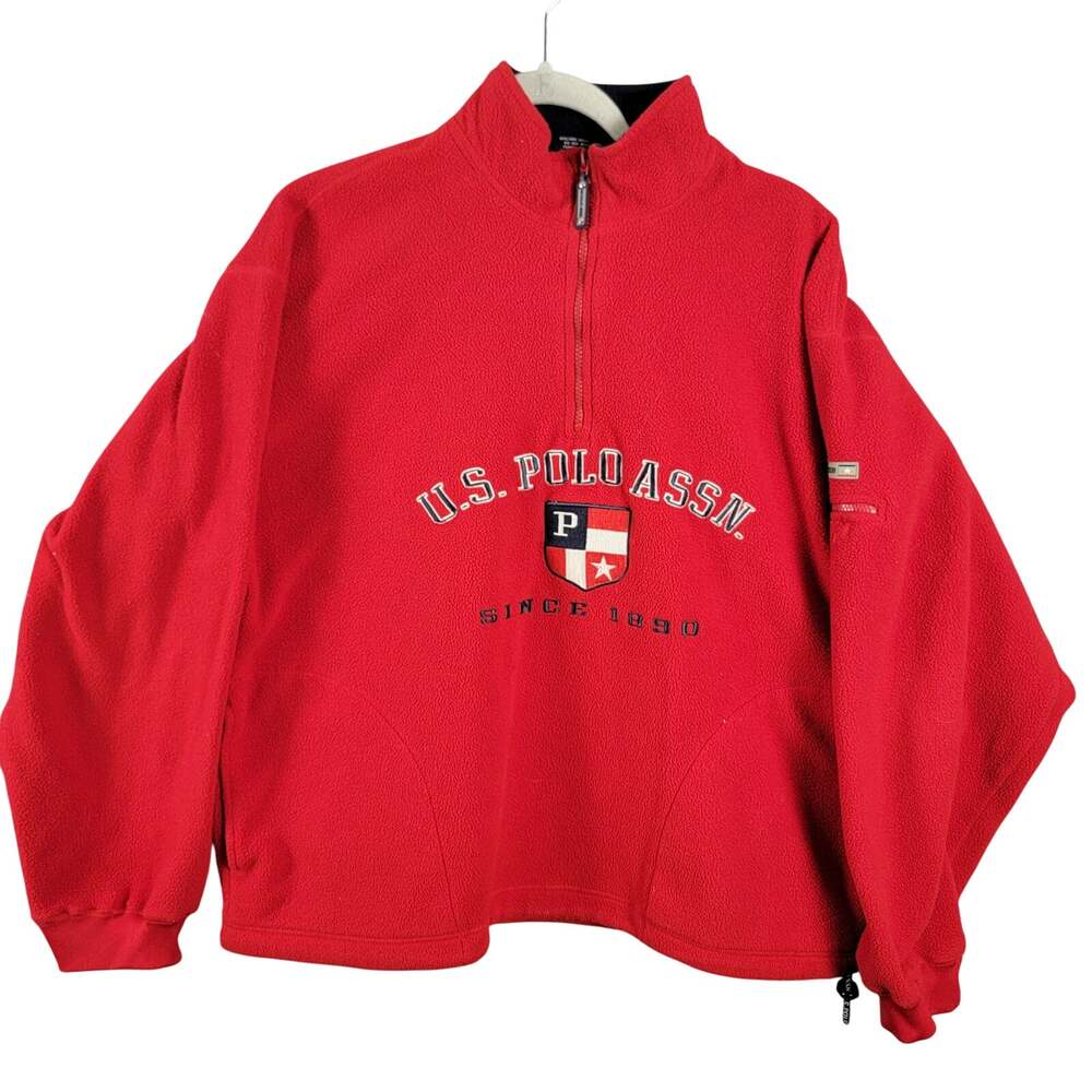 U.S. Polo Assn Fleece 1/4 Zip Pullover Mens Medium Red Navy Logo Embroidered